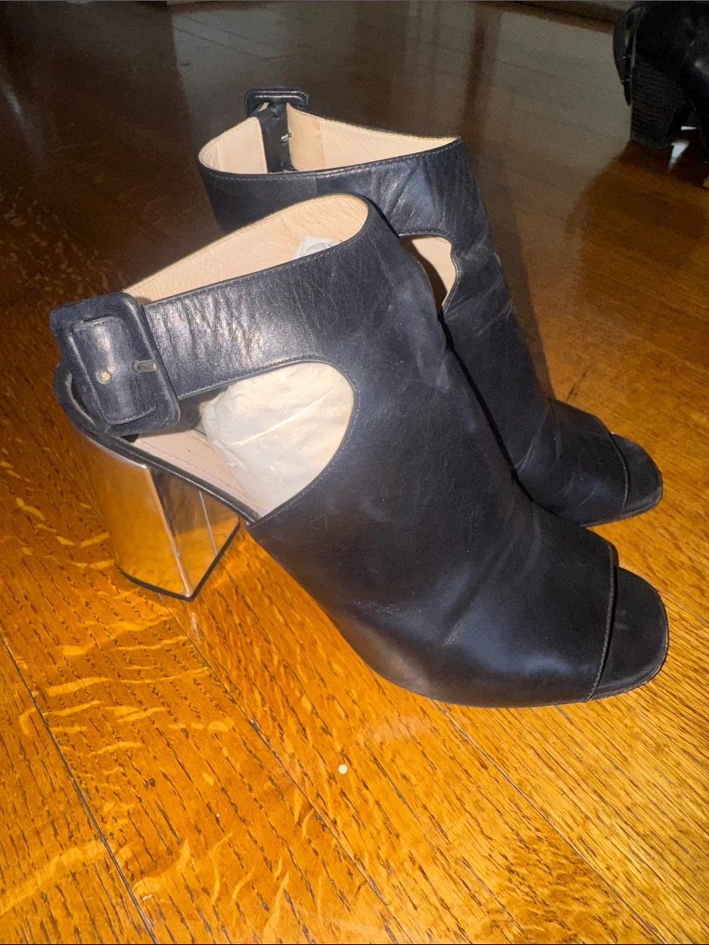 Prada Black Leather Open-Toe Booties with Clear Block Heel